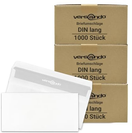 versando 3.000x Briefumschläge ohne Fenster DIN lang 220x110mm weiß: selbstklebende Kuverts für Rechnungen, Geschäftsbriefe, Büro, einfach verschließbar mit Sichtschutz