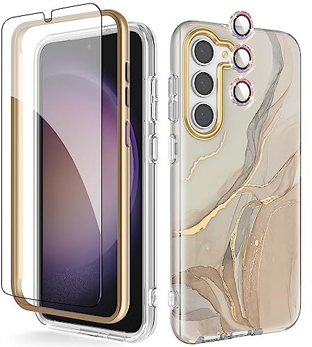 Chvelop 4-in-1 Samsung S23 Case with Screen Protector + Bumper & Camera Protector | Military-Grade Shockproof 360° Protection, Samsung Galaxy S23 Case Glossy Fade-Resistant Pattern Design (Beige)
