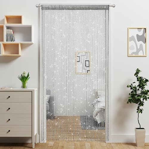 Atsweetlife 2 Pieces Door String Curtain Doorway Beads Curtains,Hanging Room Divider Beaded Decor Hippie Glitter Fringe Panel Closet Window Doors Sequin Sheer Boho Doors Tassel