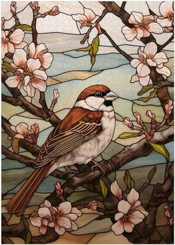 Stained Glass House Sparrow Jigsaw Puzzle 300/500/1000 Piece (1000pc (50×75cm))