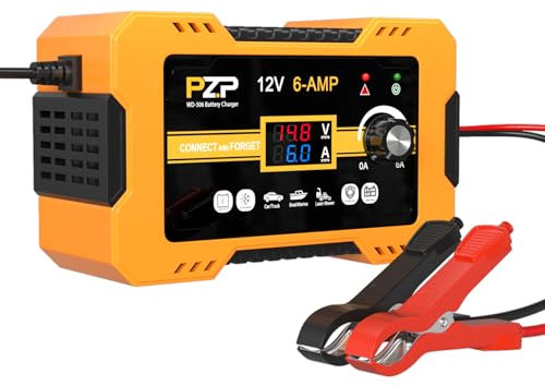 PZP Chargeur de batterie de voiture 12 V, chargeur manuel intelligent 0-6 A, mainteneur de batterie automatique pour voiture, moto, bateau, camping-car, tondeuse à gazon AGM, cycle profond,