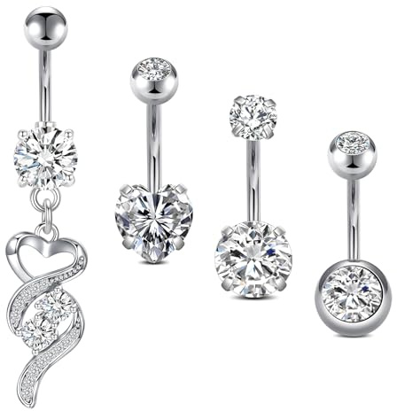 WillTen 14G Piercing Ombligo de Acero Inoxidable 316L, 4PCS 10mm Ombligo Piercing Set con Dangly/Corazón/Forma Redonda, Barra Barriga Barbell Joyería para Mujeres Niñas, Plata