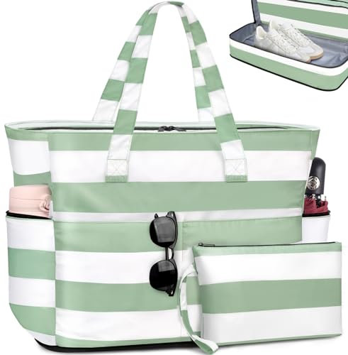 ENONEO Große Strandtasche mit Reißverschluss XXL Familie Strandtasche Damen Groß Shopper Tasche Beach Tote Bag Reisetasche Wasserdicht Saunatasche mit Nassfach & Schuhfach,55L (Grün)
