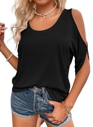Fisoew Women's T Shirt Off Shoulder Shirts with Crew Neck Summer Short Sleeve Casual Tee Tops, Black, L