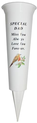 Memorial Grave Flower Pot - 33cm tall Sturdy White Memorial Graveside Flower Vase with Spike and Robin Image (Special Dad 8705)