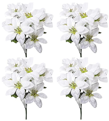 Jorzer Konstgjord julstjärna buskar julsimulering bukett dekoration 7 huvuden silke julblommor falsk julstjärna bukett konstgjorda julstjärnor blommor vit 4-pack