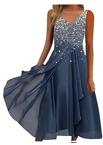 Mini Robe Femme Manches Longues/Manches Courtes Col V Chic et Elegant Robes Manches Lanternes D'été et Hiver A-Line Casual Jupe pour Fête Noël Mariage Prom Dress Long Sleeves (Argent