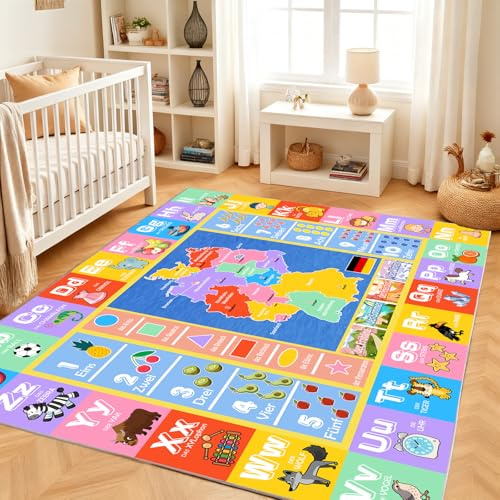 Luogort Teppich Kinderzimmer, Weicher Plüsch Baby Teppich ABC Rechteck Alphabet Karte-Teppich für Kinder, Lernteppich für Kinder für Klassenzimmer, Spielzimmer, Schlafzimmer, Kinderzimmer 80x150 cm