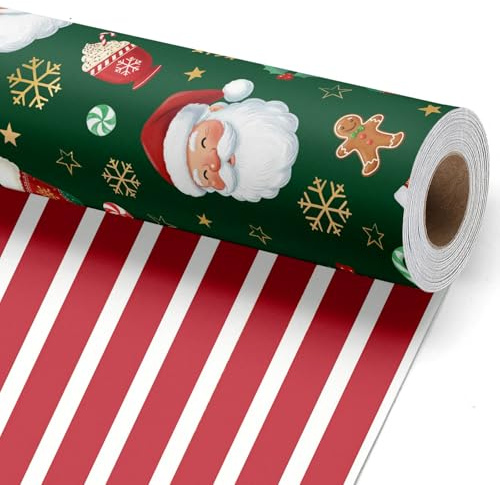 BIOBROWN Vändbart julpapper – 43 cm x 10 m (4,3 m²) – grön jultomte-/pepparkaksdesign och röda-vita ränder för jul, fester, helgdagar och fester