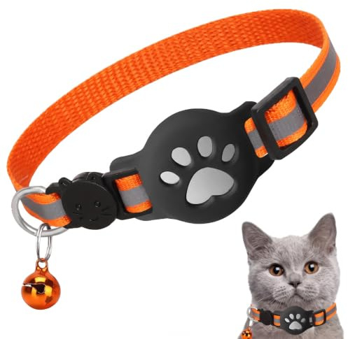 1 st katthalsband med hållare, kompatibelt med Air Tag, elastiskt reflekterande GPS-halsband, orange, justerbart anti-kvävning