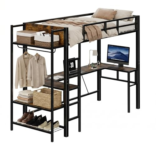 EGGREE Letto a Soppalco 90x200 cm con Scrivania a L, Presa e USB, Letto in Metallo con Appendiabiti, Scarpiera e Ripiani, Letto Salvaspazio per Cameretta, Nero