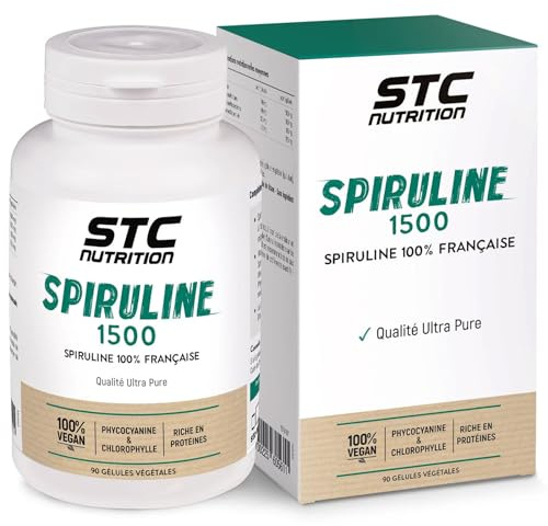 STC NUTRITION - Spiruline 1500 - Complément alimentaire à base de spiruline 100% française - Riche en protéines, fer, phycocyanines & chlorophylle - Vitalité, récupération & tonus - 90 gélules