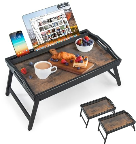 2 Pack Bed Tray Table Breakfast Trays Serving Tray Bamboo Bed Laptap Floding Legs with Handles and Phone Holders