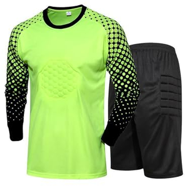 FEESHOW Kinder Jungen Torwarttrikot Fußball Training Outfit Gepolsterte Torwartshirts Shorts Protektorenhose Set Schwammschutz A_Neongrün 146-158