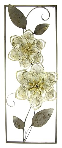 Flair Flower Wanddeko Metall Wandskulptur Blumen Blätter Metallbild Blume Bild 3D Skulptur Einzigartig Deko Terrassendeko Wandrelief Abstrakt Extravagant Geschenk Designer Blüten, creme, ca.74x29 cm