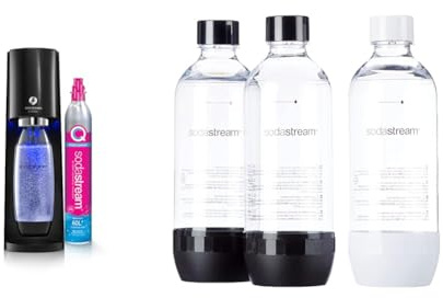 Sodastream Terra Eterra, Nero & Bottiglie Classiche per gasatore d'acqua, Capienza 1 Litro, la confezione include 3 bottiglie in plastica da utilizzare su Gasatori Terra, Spirit, Gaia, Art