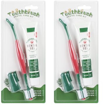 Lot de 2 Brosse à Dents pour Chat et Chien Kit d'Entretien à Dents pour Chien Brosse à Dents et Dentifrice pour Chat Chien Brosse à Dents Double Extrémité Kit de Soins Dentaire à Trois Pièces Boeuf