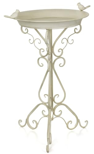 Moritz Bain d'oiseaux blanc avec deux petits oiseaux sur le bol d'eau, hauteur 74 cm, bassin pour oiseaux debout Abreuvoir d'eau décoré jardin résistant au gel