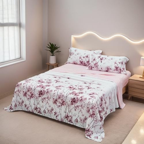 H HANSEL HOME Juego de Sábanas de Microfibra 4 Piezas para Cama 135cm Transpirable - Incluye 1 Encimera, 1 Bajera Ajustable y 2 Fundas de Almohada - Sakura
