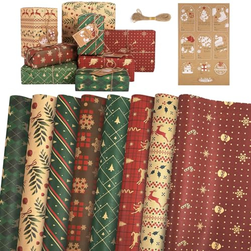 LEMESO Carta Regalo Natalizia Vintage per Bambini - 8 Fogli con 8 Motivi Kraft, Etichette, Spago - Confezioni Regalo Natalizie