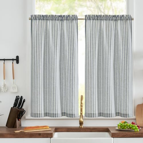 TOPICK Rideaux Cuisine Court de Cuisine à Rayures Bleu sur Beige 65L x 115H cm,Rideau Court Style Modernes Semi Transparentes Intérieur à Passe Tringle pour Deux Portes Placard Fenetres Lot de 2
