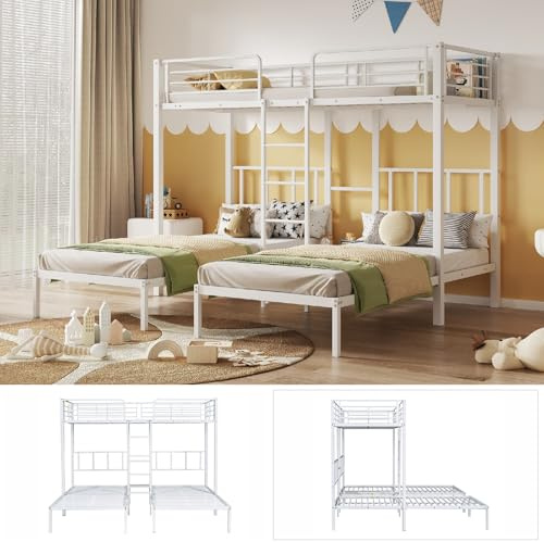 PUGSDRLY Lit Superposé 3 Places,Lit 3 Places avec échelle pour Enfants et Adolescents,Lit Enfant en Fer avec Barrière Antichute,90x200cm*3 (Blanc)