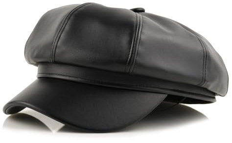 KORIXINE Black Leather Newsboy Hat for Women - Fall Fashion Beret Caps | Polyester 8 Panels Hard PU Brim 90s Vintage Page Boy Rock Concert Newsboy Caps Runs Big British Sailor Beret