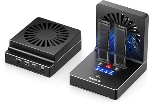FIDECO Clonador Dock NVMe M.2 SATA SSD, USB 3.2 Gen 2, 20 Gbps, Ventilador de refrigeración Plegable, Compatible UASP y Trim, diseño de Aluminio (2-Bay)