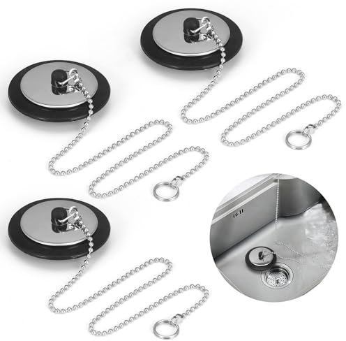 TPTGIAR 3 PCS Universal Sink Plug, Bathroom & Kitchen Sink Plug Replacement, 43mm Black Silicone Bath Plug Replacement with Stainless Stee Chain for 42-45mm Bathtub Sink