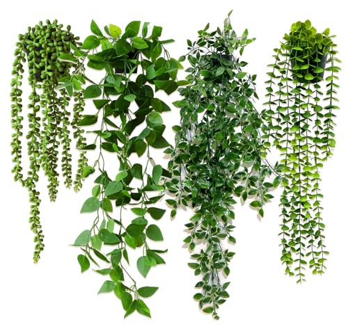 luluaday Artificial Hanging Plants, 4 Pack Fake Plants with Black Pots, Fake Ivy Faux Plant for Home Room Wall Shelf Bathroom Office Indoor Outdoor Decor