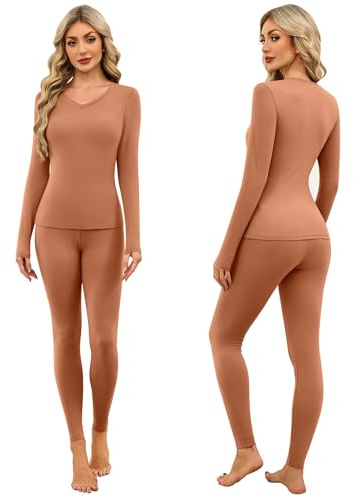 Ekouaer Ropa Interior Térmica Mujer Camisetas Termicas Manga Larga Ropa Termica Mujer Ajustado Cuello en V Invierno, Marrón L