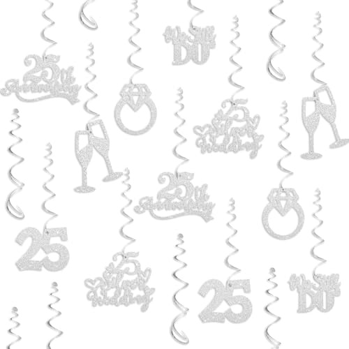 Plzaxou 25th Anniversary Decorations, Silver Glitter Happy 25th Anniversary Hanging Swirls, 25 Silver Wedding, Cheers to 25 Years Blessed & Loved Wedding Party Foil Spirals Hanging Decorations