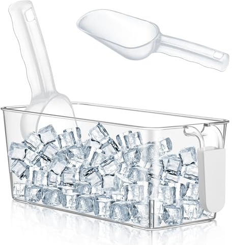 Havawish Ice Bin and Flexible Scoop Set Plastic Freezer Ice Bin with Pull out Handle Storage Bucket Clear for Container with Bucket Scoop(Gray, Clear,10.83 x 4.92 x 4.33 in,No Lid)