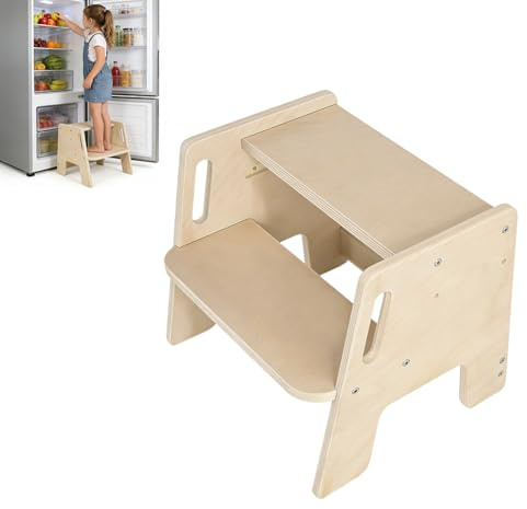 Ranjima Stegpall för barn, 2 steg, halkfri trapppall i trä med handtag, lastkapacitet upp till 100 kg, stabil fotpall för barn, barnstege för handfat, badrum, kök, barnrum