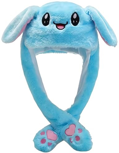 MUNSKT Bunny Hat with Moving Floppy Ears, Soft Plush Jumping Animal Ear Hat for Women, Cute Rabbit Ears Costume Accessory for Easter, Christmas Party, Fun Gifts for Her (Blue)