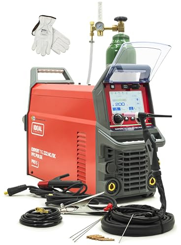IDEAL Expert TIG 222 AC/DC WIG svetsmaskin set – 200 A inverter för aluminium – med 8 l argon gasflaska, tryckreducerare och tillbehör – HF-tändning, PFC, pulsfunktion, LCD-display – bestschweissen.de