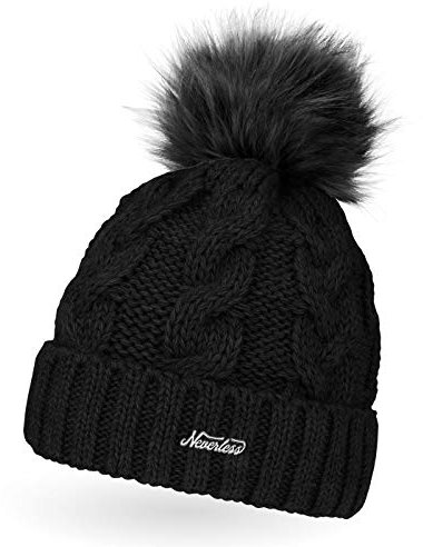 Neverless® Damen Strickmütze mit Fleecefutter und Kunstfell Bommel Zopfmuster Grobstrick Wintermütze Bommelmütze Model 2207 Schwarz Unisize
