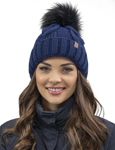 Vivisence Cappello Invernale da Donna con Pompon Fodera in Pile Soffice Filato Caldo E Morbido Elastico E Confortevole Design Elegante Ideale per Giornate Fredde, Blu Scuro,Taglia Unica