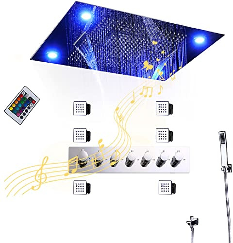 Cascada Luxurious Design 23x31 LED Shower System, 6 Functions (Rainfall, Waterfall, Curtain, Misty, Body Jets & Handheld) (Music, Matt Black)