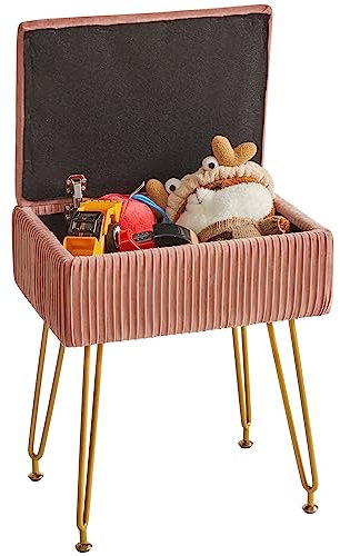 YMYNY Schminkhocker Stuhl mit Stauraum, quadratischer Hocker aus Samt, moderner multifunktionaler Make-up-Hocker für Schlafzimmer, Wohnzimmer, Büro, goldene Beine, 40 x 29.5 x 48 cm, Rosa HBD024P