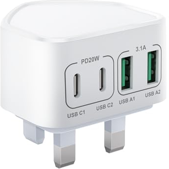 40W USB C Plug Fast Charge, UK 4-Port Multi USB Charger Plug Fast Charging Plug for iPhone 16 15 14 13 12 11 Pro Max SE XS XR Plus, iPad, Samsung Galaxy,Dual Port USBC Power Adaptor Type C Wall Plug
