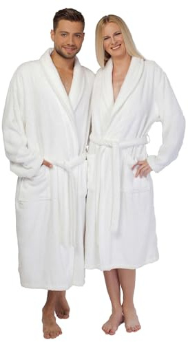 HOUSEGADS BathRobe 100% Cotton Terry Towelling Robe Shawl Collar Gown Luxury and Super Soft Unisex Bathrobe for Men & Women Cozy Gown Hotel and Spa Quality (UK, Alpha, L, Regular, Regular, WHITE)