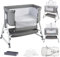 OHMG 3 en 1 Berceau Cododo pour Bébé,Inclinaison&Hauteur Réglable,Lit Cododo de Bébé avec Matelas Moelleux et Moustiquaire 4 Roues,pour 1 à 36 Mois (Gris（80 * 40 * 100-115cm）)