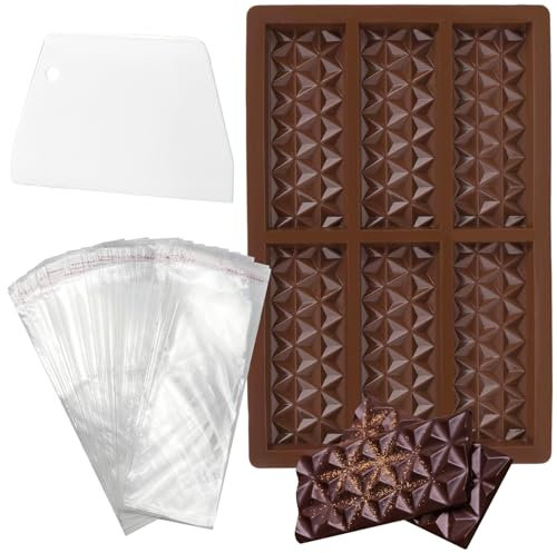 UTXN 1 Pezzo stampi in Silicone, stampi per Cioccolato, stampi per Barrette di Cioccolato, con 100 Pezzi di Busta autoadesiva e 1 Pezzo di Raschietto per Torta al Cioccolato (Motivo a Diamante)