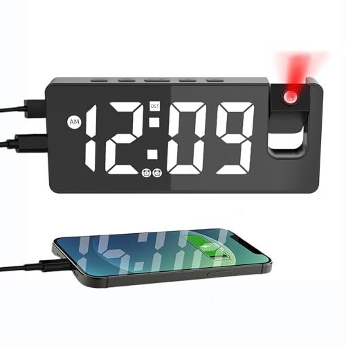Wecker Mit Projektion, 7.4 Digital LED-Spiegeluhr, Projektionswecker mit um 180° Drehbarem, Projektionsuhr mit Dual-Wecker, Temperatur, Dimmer, Snooze, USB Phone Ladegerät, Klangkontrolle für Kinder