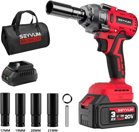 SEYVUM Akku Schlagschrauber mit 3.0Ah akkus,schlagschrauber akku,1/2 Zoll Bürstenloser Schlagschrauber mit LED-Licht für Autoreifen, Gerüstbau und Automobilmontage, 4 Stecknüsse, 460 N.m