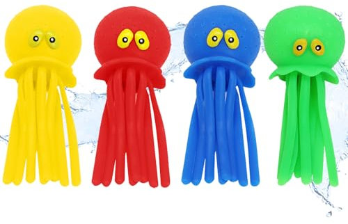 YOUYIKE Pulpo - Juguetes de baño con luz LED y pulverizador de Agua, Juego de 4 Animales de Buceo, Juguetes acuáticos para niños a Partir de 3 años, Ideal para Piscina, Playa y bañera