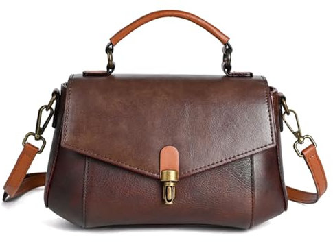 Karoukee Damen Echtleder Umhängetasche im Vintage-Design, Luxuriöse Schultertasche mit Messingbeschlägen, Kleine Handtasche mit verstellbarem Riemen & praktischem Hauptfach(Kaffee)