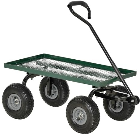 Outsunny Carro de Jardín con Ruedas Grandes Carretilla de Mano con Mango Revestido y Estructura de Acero Carga 150 kg Carro de Transporte para Camping Exterior Negro y Verde