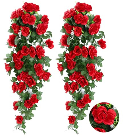 AIMUMEIF 2PCS Fiori Artificiali Pendenti Pianta Rampicanti da Interno Esterno,Piante Finte Artificiali Fiori Finti Piante Rosa per Matrimonio Giardino Parete Balcone,90cm (rot)